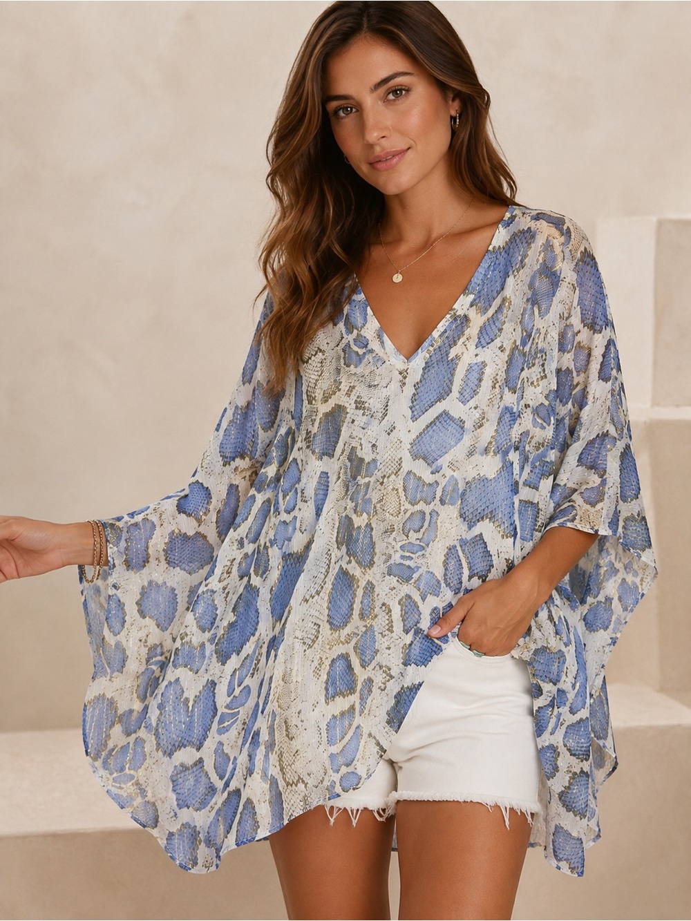 Adrienne Blue Metallic Gold Snake Print Poncho Blouse Sheer Tunic Top Size L
